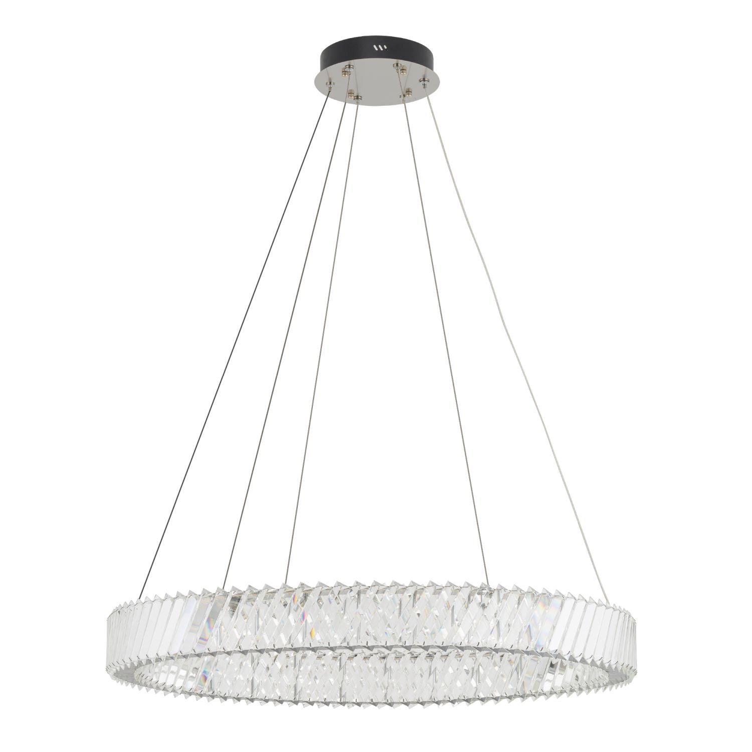 Na obrazie widoczna jest nowoczesna lampa wisząca w kształcie okręgu, zawieszona na cienkich przewodach. Lampa ma przezroczysty, kryształowy wygląd z metalowym mocowaniem u góry.