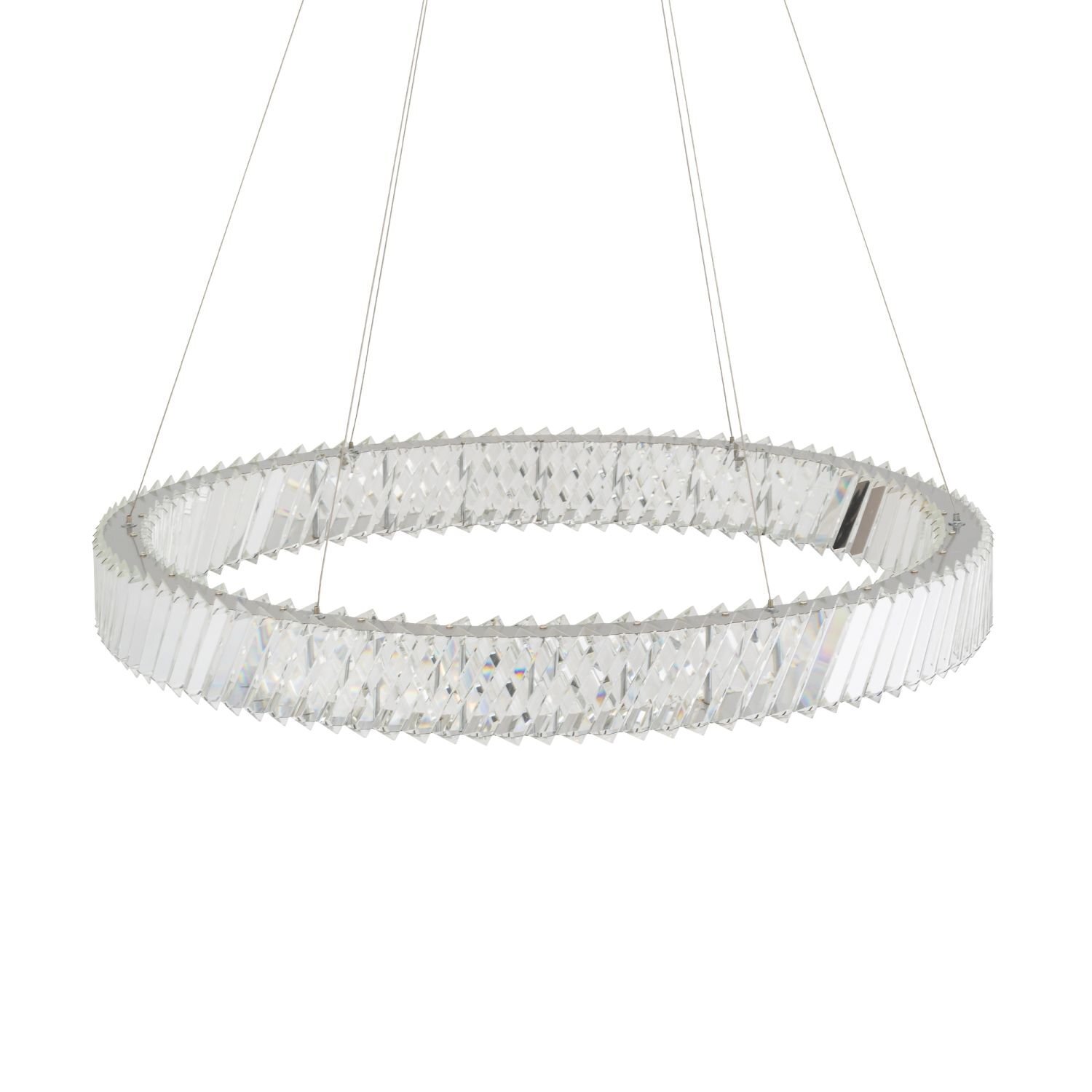 Lampa wisząca LED o nowoczesnym designie, w kształcie okręgu z przezroczystymi elementami przypominającymi kryształy. Zawieszona jest na cienkich, metalowych linkach.