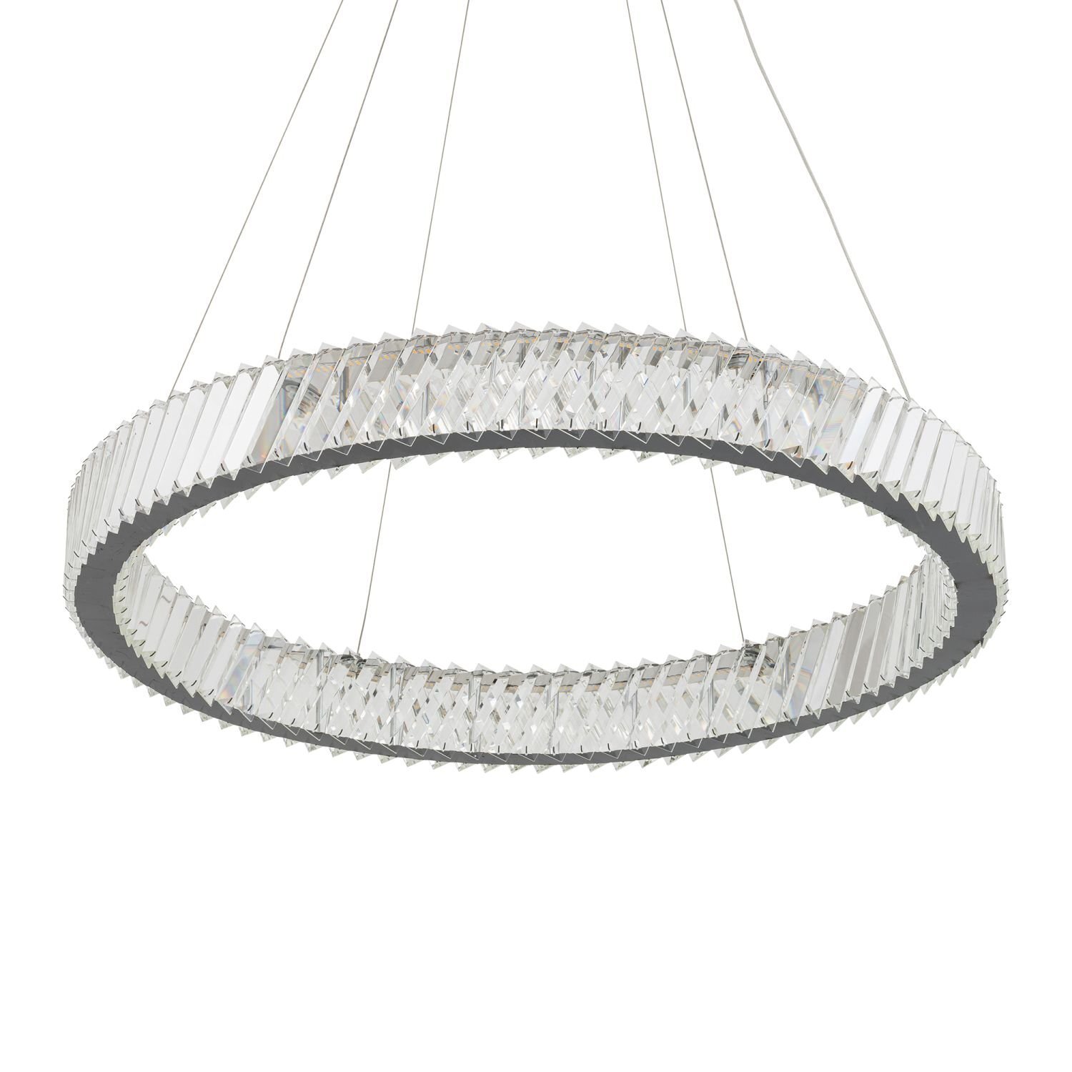Lampa wisząca LED o nowoczesnym designie, w kształcie okręgu z przezroczystymi elementami dekoracyjnymi. Zawieszona na cienkich linkach, tworzy elegancki efekt świetlny.