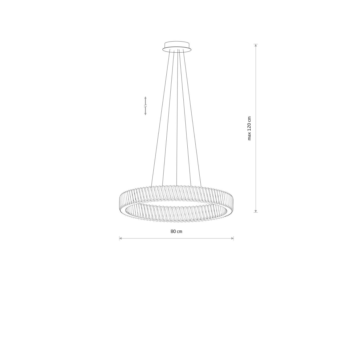 Schemat lampy wiszącej LED z okrągłym kloszem o średnicy 80 cm, zawieszonej na czterech przewodach. Maksymalna wysokość lampy wynosi 120 cm.