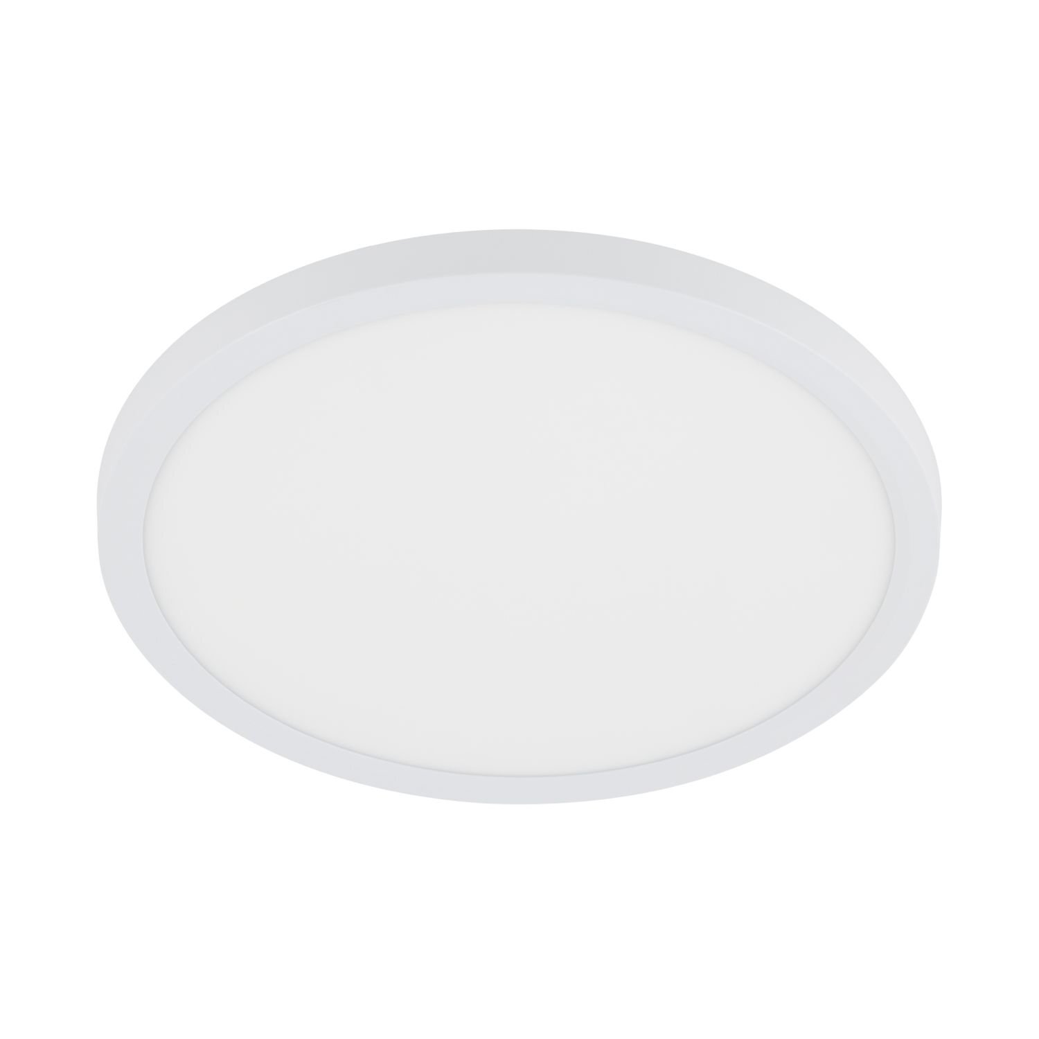 Okrągły plafon LED w białym kolorze z gładką powierzchnią. Lampa ma nowoczesny design i jednolitą strukturę.