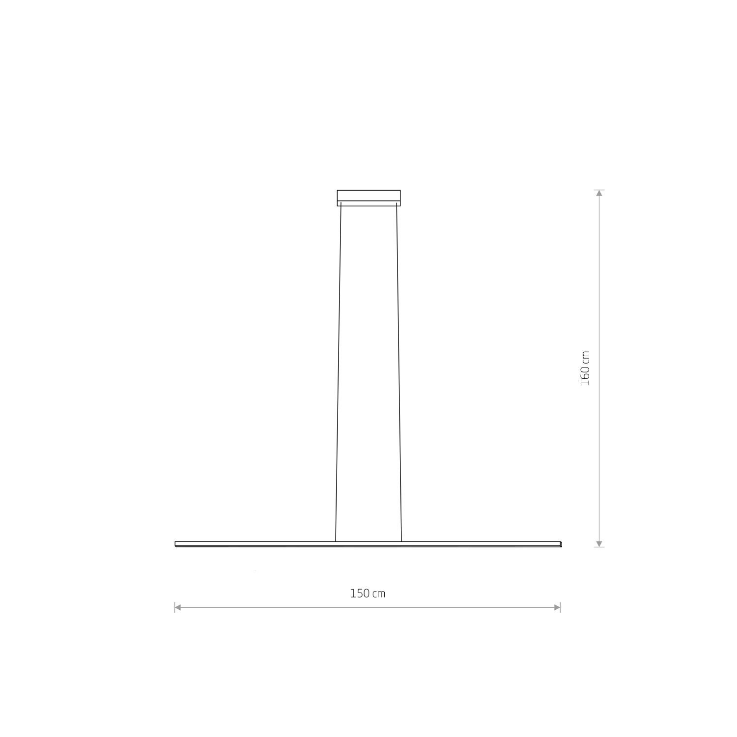 Schematyczny rysunek lampy wiszącej z wymiarami: wysokość 150 cm i szerokość 150 cm.