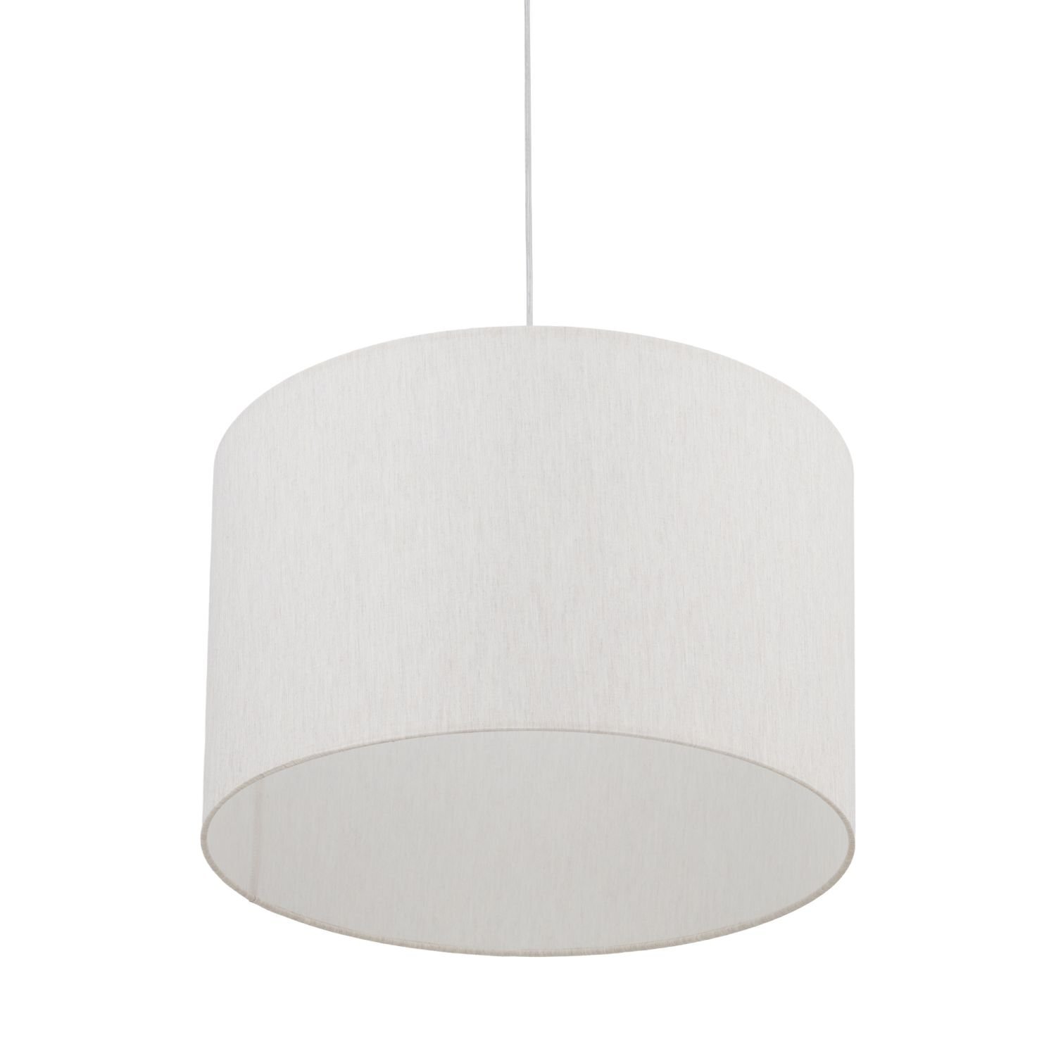 Na obrazie widoczna jest biała, cylindryczna lampa wisząca z prostym kloszem. Lampa zawieszona jest na cienkim przewodzie.