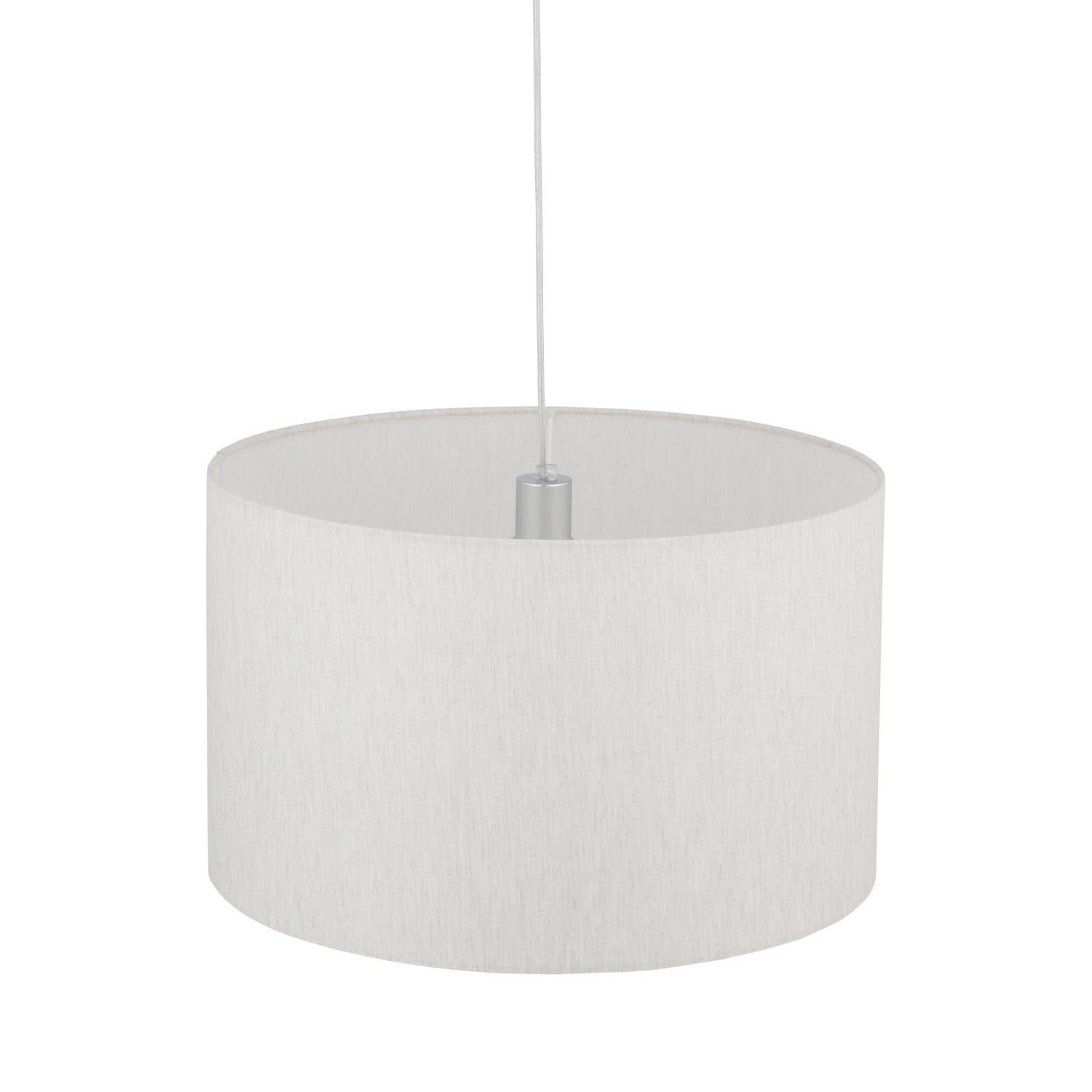 Na obrazie widoczna jest biała, cylindryczna lampa wisząca z prostym kloszem i przewodem zasilającym.