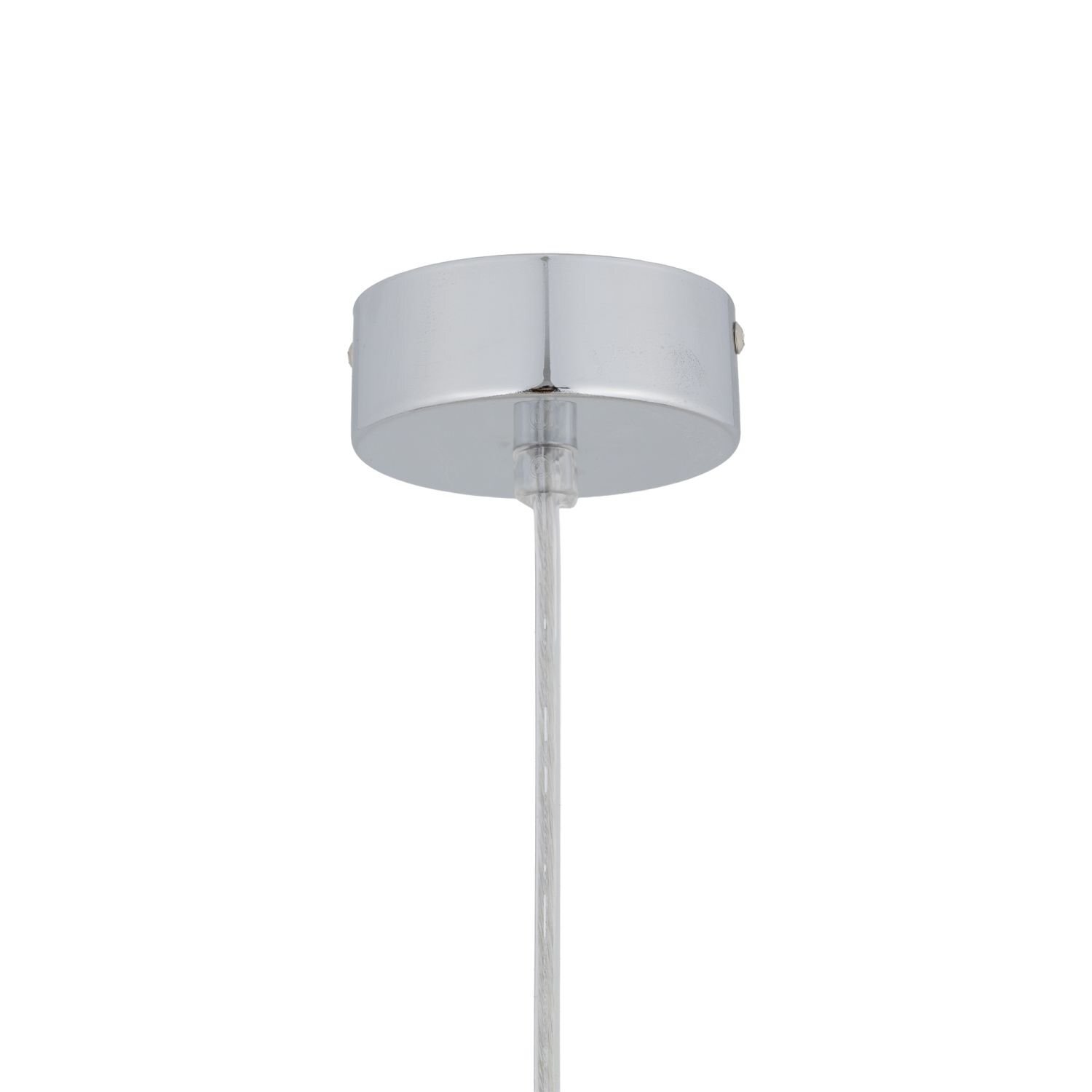 Obraz przedstawia metalowy element montażowy lampy wiszącej w kolorze srebrnym z przezroczystym przewodem wychodzącym z jego środka.