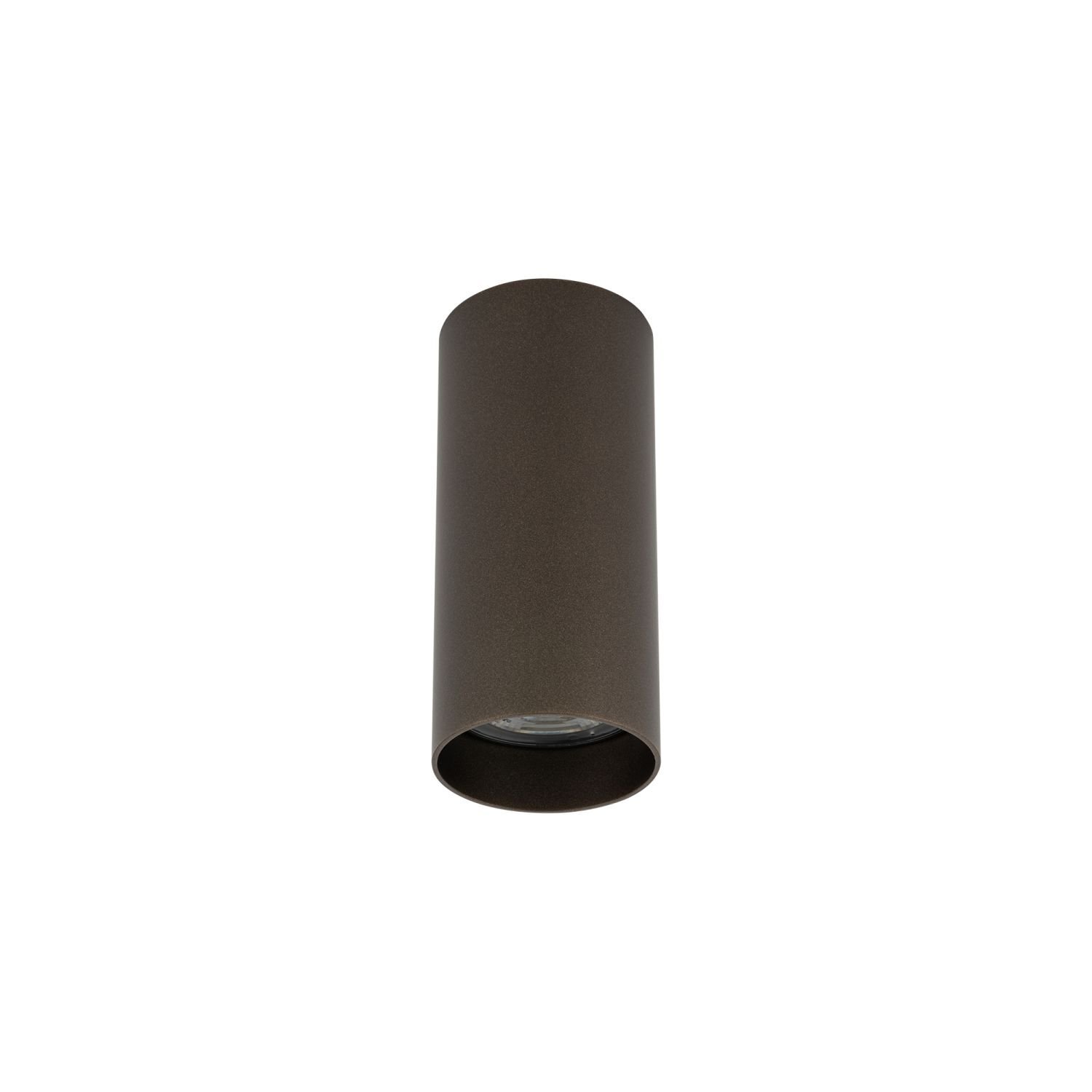 Cylindryczna lampa natynkowa w kolorze ciemnym, z widocznym źródłem światła wewnątrz. Lampa ma minimalistyczny design.