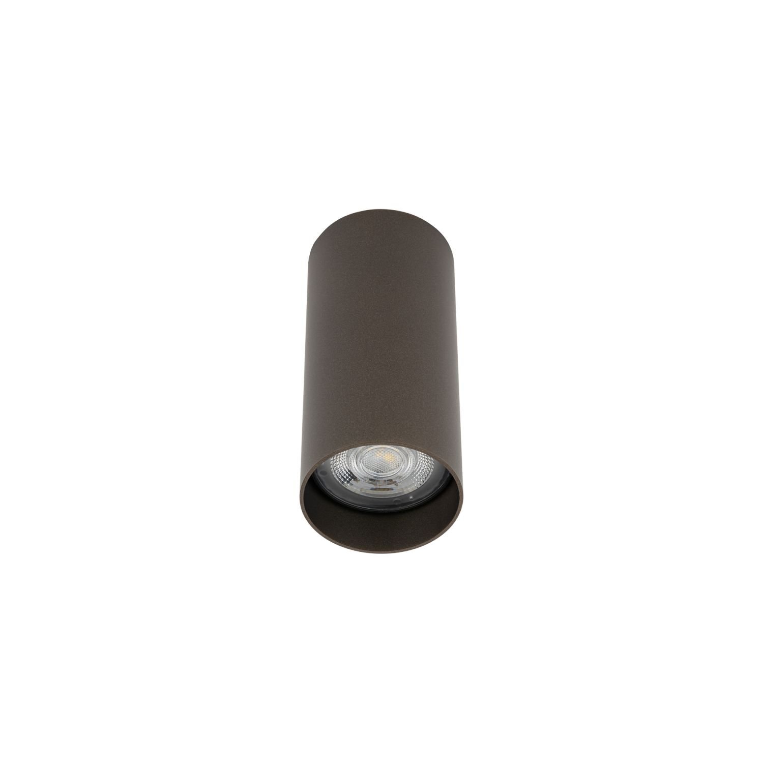 Cylindryczna lampa natynkowa w kolorze ciemnym, z widocznym źródłem światła wewnątrz. Lampa ma minimalistyczny design.