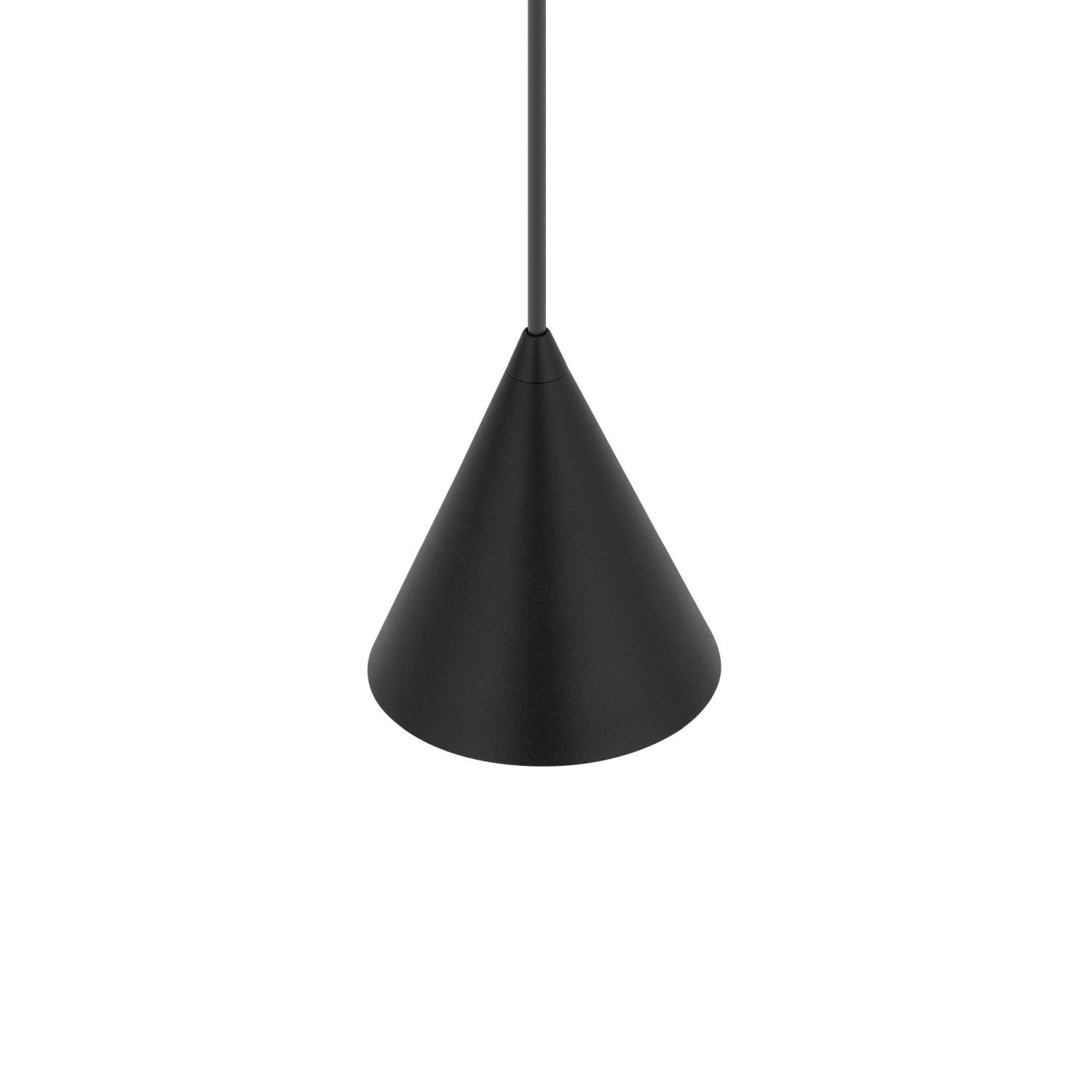 Czarna, stożkowa lampa wisząca z cienkim przewodem, wykonana z metalu.