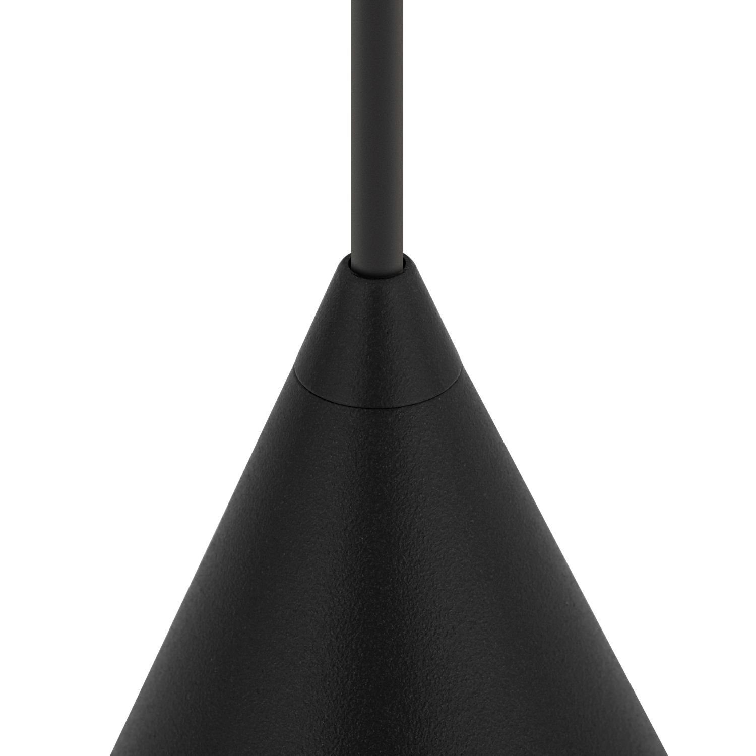 Czarny, stożkowy element lampy wiszącej z widocznym przewodem u góry.