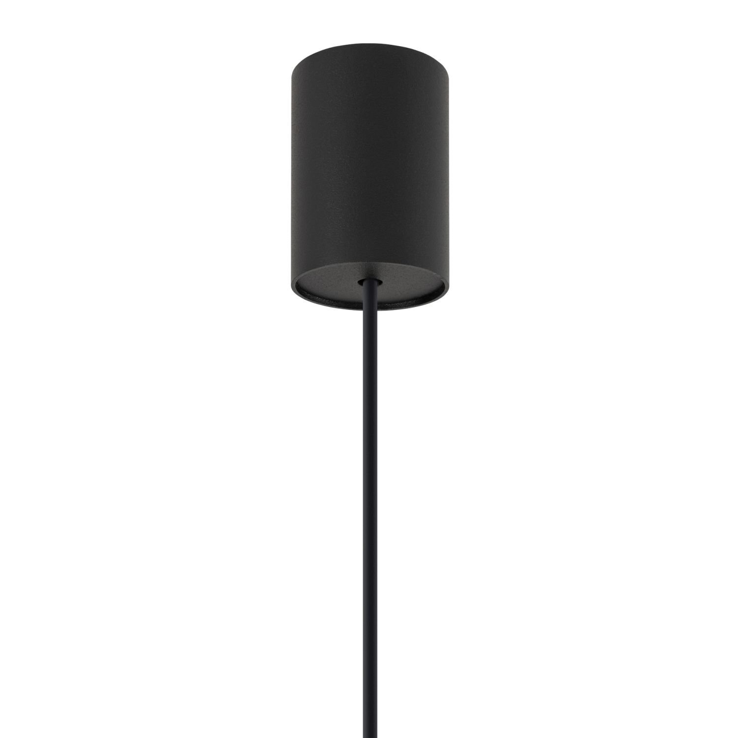 Czarna, cylindryczna lampa wisząca z prostym przewodem.
