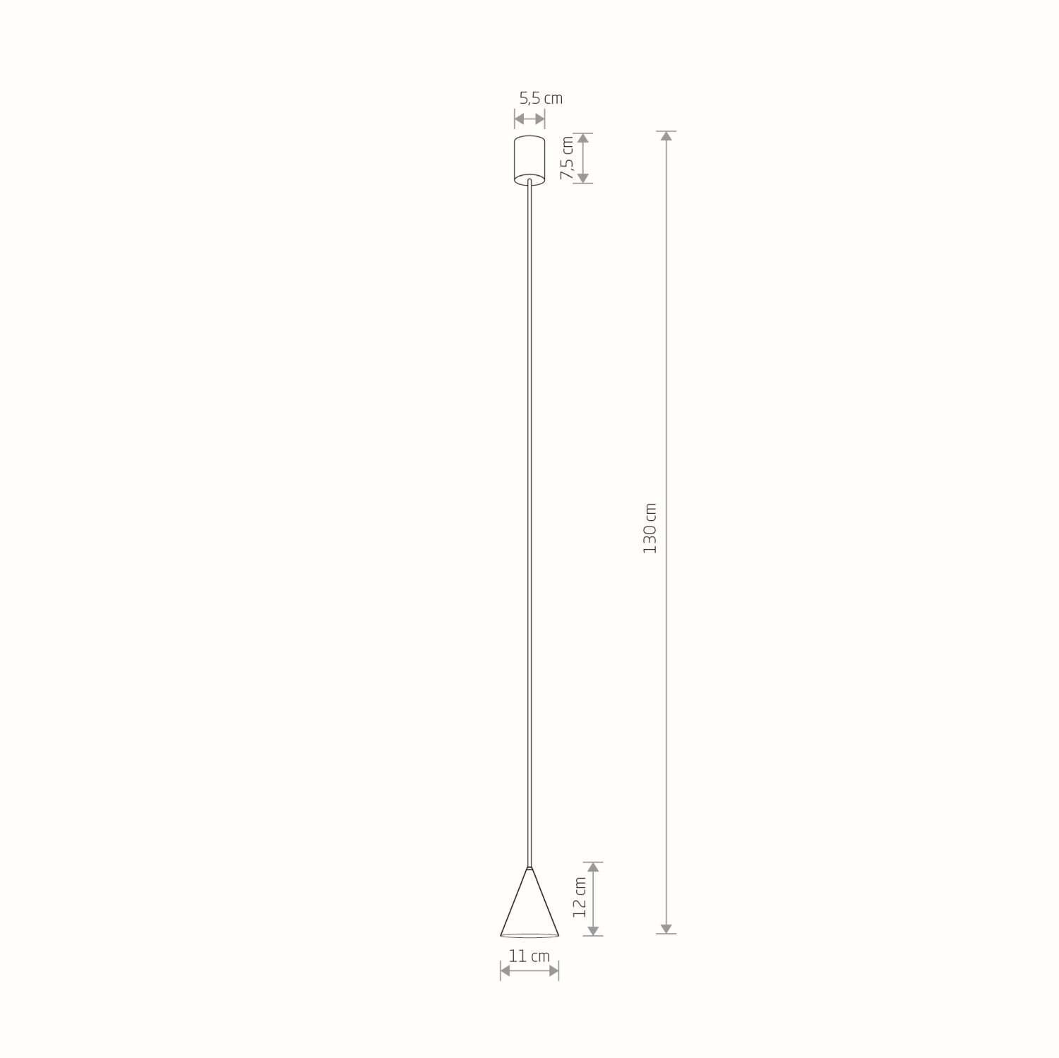 Schemat lampy wiszącej z wymiarami: wysokość całkowita 130 cm, średnica klosza 5,5 cm, wysokość klosza 7,5 cm, szerokość podstawy 11 cm, wysokość podstawy 12 cm.