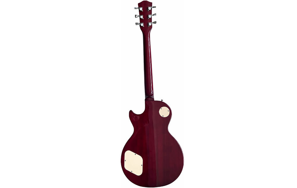 Gitara elektryczna w kolorze mahoniowym, widoczna od tyłu z jasnymi płytkami ochronnymi na korpusie.