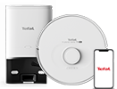 Na obrazie widoczny jest biały robot sprzątający z logo \'Tefal\' oraz stacja dokująca. Obok znajduje się smartfon z wyświetlonym logo \'Tefal\'.