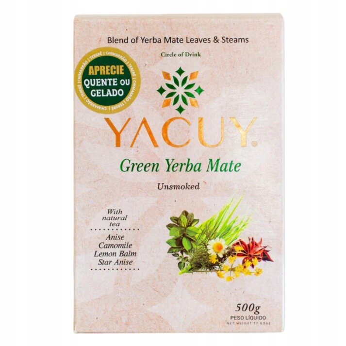Opakowanie Yerba Mate Yacuy z napisem \'Green Yerba Mate Unsmoked\' oraz grafiką ziół i kwiatów. Widoczny tekst: \'Blend of Yerba Mate Leaves & Steams\', \'With natural tea Anise Camomile Lemon Balm Star Anise\', \'500g\'.