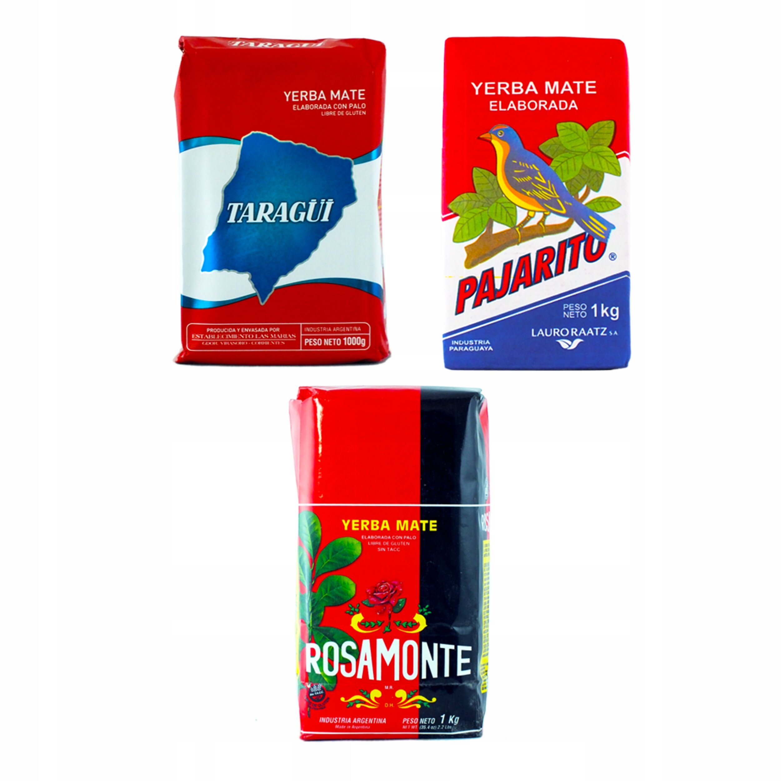 Na obrazie widoczne są trzy opakowania yerba mate: Taragüi, Pajarito i Rosamonte. Każde opakowanie ma wyraźnie widoczne logo i nazwę produktu.
