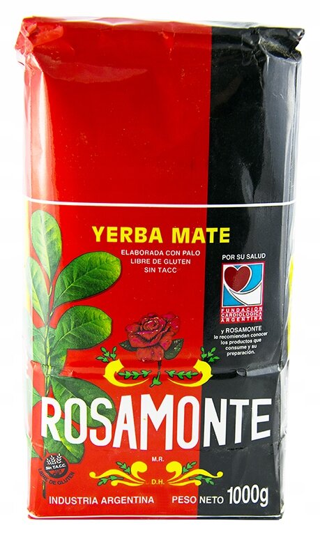 Opakowanie Yerba Mate Rosamonte o wadze 1000g, z czerwono-czarną grafiką i zielonymi liśćmi. Widoczny tekst: \'YERBA MATE\', \'ELABORADA CON PALO\', \'LIBRE DE GLUTEN\', \'SIN TACC\', \'ROSAMONTE\', \'INDUSTRIA ARGENTINA\', \'PESO NETO 1000g\'.