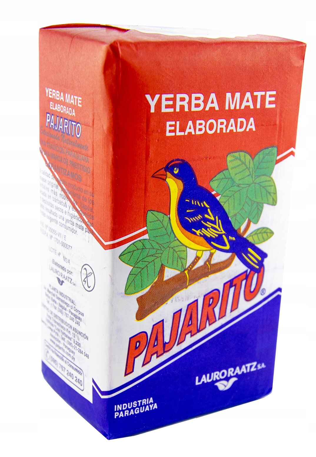 Opakowanie Yerba Mate Elaborada Pajarito z widocznym kolorowym ptakiem na gałęzi oraz napisami \'YERBA MATE ELABORADA\' i \'PAJARITO\'.