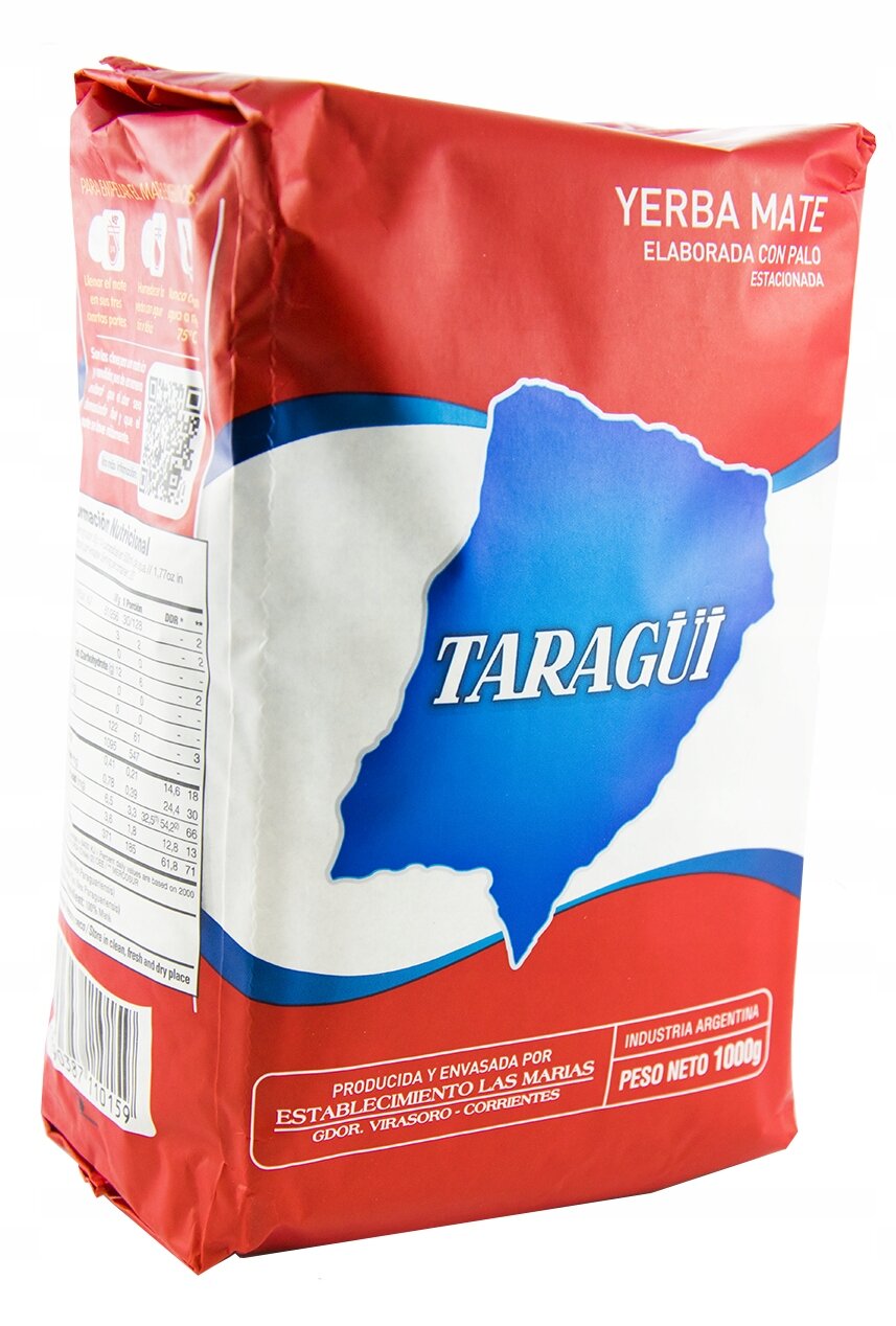Opakowanie yerba mate marki Taragüi o wadze netto 1000g, z czerwono-niebieską grafiką i napisem \'INDUSTRIA ARGENTINA\'.