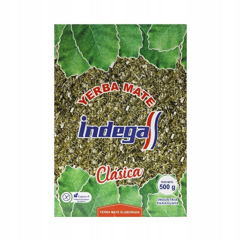 Opakowanie Yerba Mate Indega Clásica z widocznymi liśćmi i suszem yerba mate. Na opakowaniu znajduje się tekst: \'Yerba Mate Indega Clásica\', \'Peso Neto 500 g\', \'Industria Paraguaya\'.
