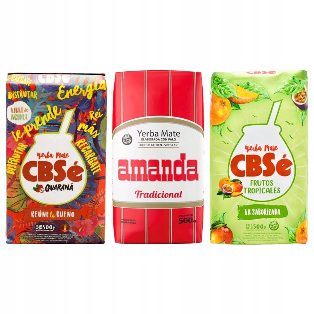 Na obrazie widoczne są trzy opakowania yerba mate: CBSe Guaraná, Amanda Tradicional i CBSe Frutos Tropicales. Każde opakowanie ma wyraźne oznaczenia i kolorowe grafiki związane z ich smakami.