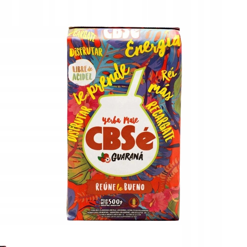 Opakowanie yerba mate CBSe Guaraná z kolorowym tłem i napisami: \'Disfrutar\', \'Libre de Acidez\', \'Te prende\', \'Energía\', \'Re más\', \'Recargate\'.