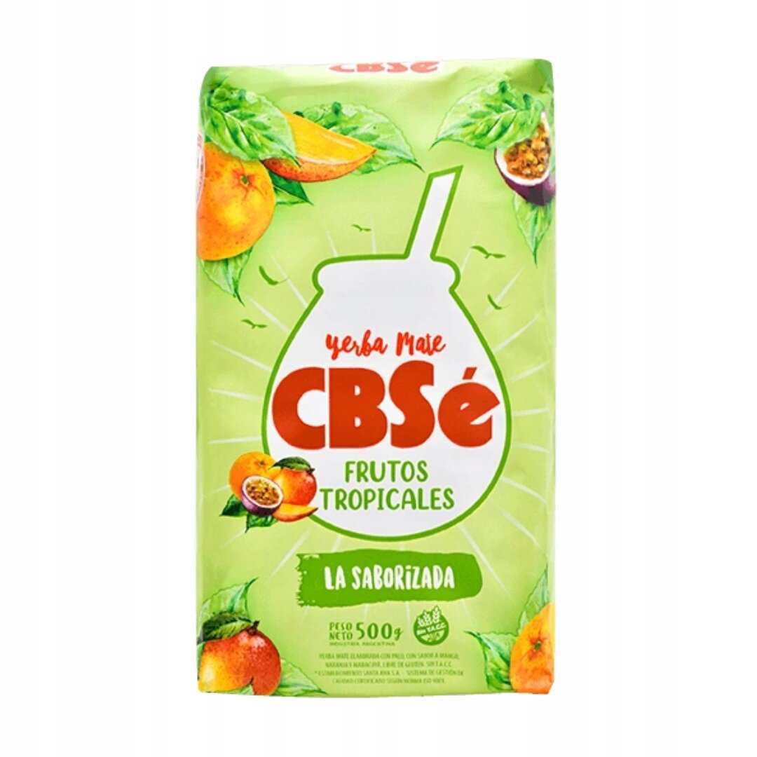 Opakowanie yerba mate CBSe Frutos Tropicales o zielonym tle z grafiką owoców i napisem \'La Saborizada\'. Waga netto 500 g.