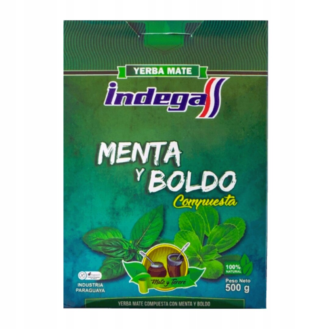 Opakowanie yerba mate z napisem \'Yerba Mate Indega Menta y Boldo Compuesta\'. Widoczne są liście mięty oraz informacja \'Peso Neto 500 g\'.