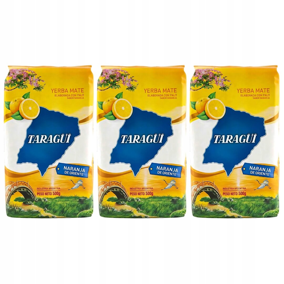 Trzy opakowania Yerba Mate Taragui Naranja de Oriente o wadze 500g każde, z widocznym niebieskim logo na tle mapy oraz grafiką pomarańczy i kwiatów. Na dole opakowania znajduje się napis \'Industria Argentina\' oraz \'Peso Neto 500g\'.