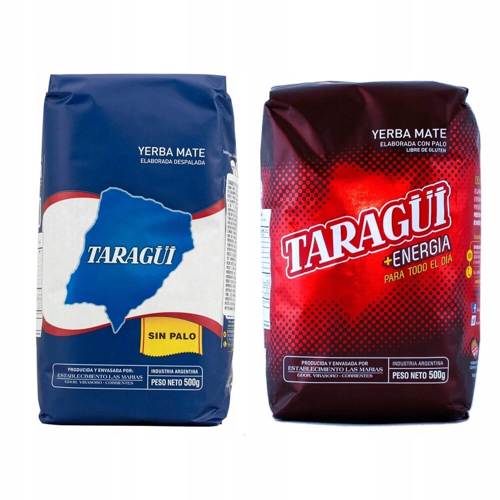 Dwa opakowania Yerba Mate Taragui; jedno niebieskie z napisem \'SIN PALO\', drugie czerwone z napisem \'+ENERGIA PARA TODO EL DIA\'. Oba opakowania mają oznaczenie \'PESO NETO 500g\'.