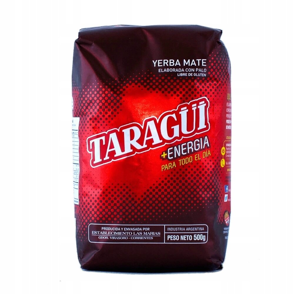 Opakowanie Yerba Mate Taragui Energia w kolorze czerwonym z białym napisem \'TARAGÜI +ENERGIA PARA TODO EL DÍA\'. Na dole opakowania znajduje się informacja \'PESO NETO 500g\'.