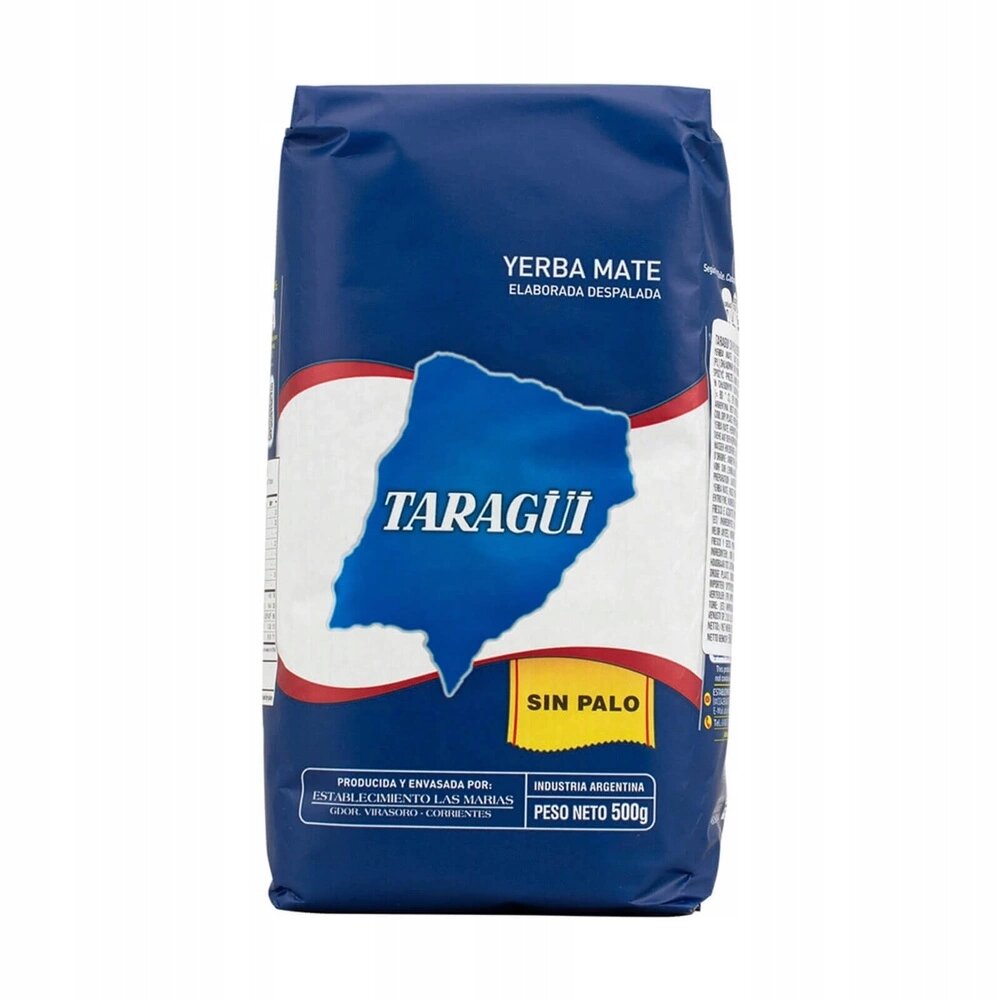 Opakowanie Yerba Mate Taragui Sin Palo o wadze netto 500g. Na opakowaniu widoczny jest niebieski kształt z napisem \'TARAGÜI\' oraz żółty prostokąt z napisem \'SIN PALO\'.
