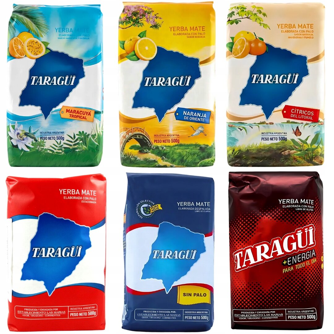Na obrazie widoczne są sześć opakowań Yerba Mate Taragui, każde o wadze 500g, z różnymi smakami: Maracuya Tropical, Naranja de Oriente, Cítricos del Litoral, klasyczna, Sin Palo i +Energía. Każde opakowanie ma charakterystyczny kolor i grafikę z logo Taragui na środku.
