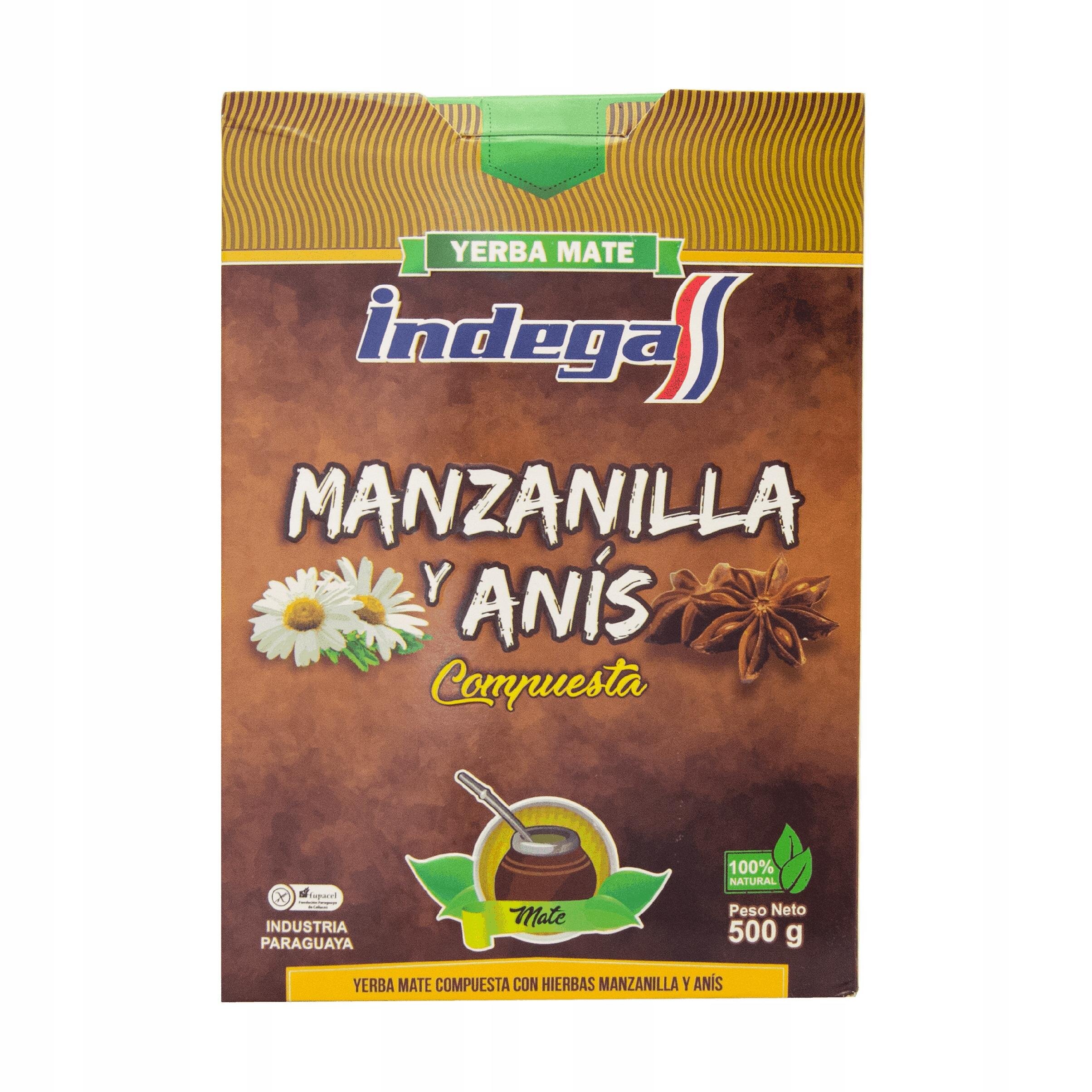 Opakowanie Yerba Mate Indega Manzanilla y Anís 500g z widocznymi grafikami rumianku i anyżu oraz napisem \'100% natural\'.