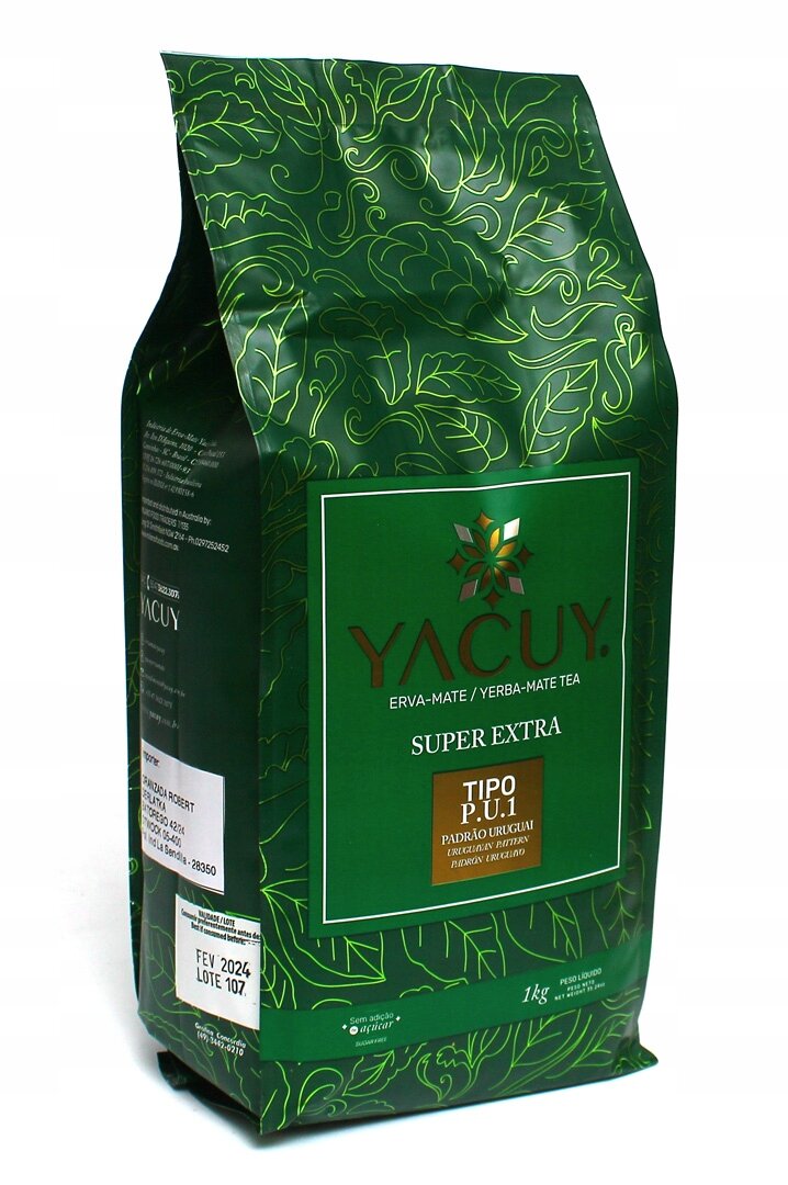 Opakowanie yerba mate marki Yacuy o pojemności 1 kg, z zielonym wzorem liści i napisem \'SUPER EXTRA TIPO P.U.1 PADRÃO URUGUAI\'.
