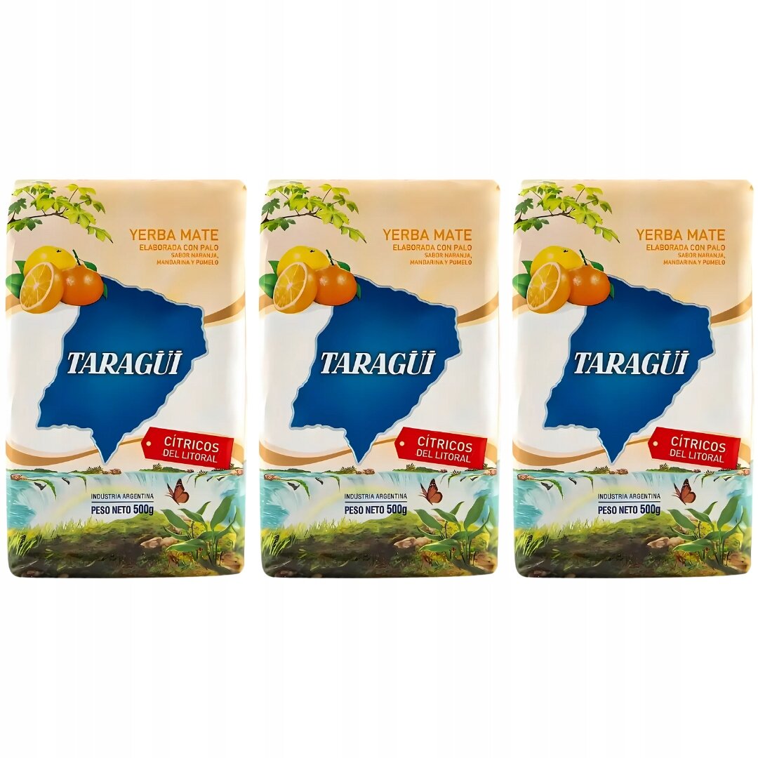 Trzy opakowania Yerba Mate Taragui Cytricos Del Litoral, każde o wadze netto 500g, z widocznymi cytrusami i niebieskim logo na tle mapy. Na dole opakowania znajduje się ilustracja roślinności i motyla.