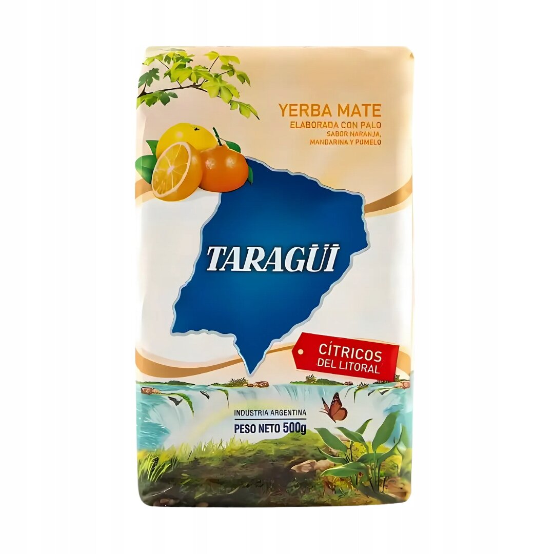 Opakowanie Yerba Mate Taragui z cytrusami, z widocznymi owocami cytrusowymi i niebieskim kształtem na środku. Tekst na opakowaniu: \'YERBA MATE ELABORADA CON PALO SABOR NARANJA, MANDARINA Y POMELO\', \'TARAGÜI\', \'CÍTRICOS DEL LITORAL\', \'INDUSTRIA ARGENTINA\', \'PESO NETO 500g\'.