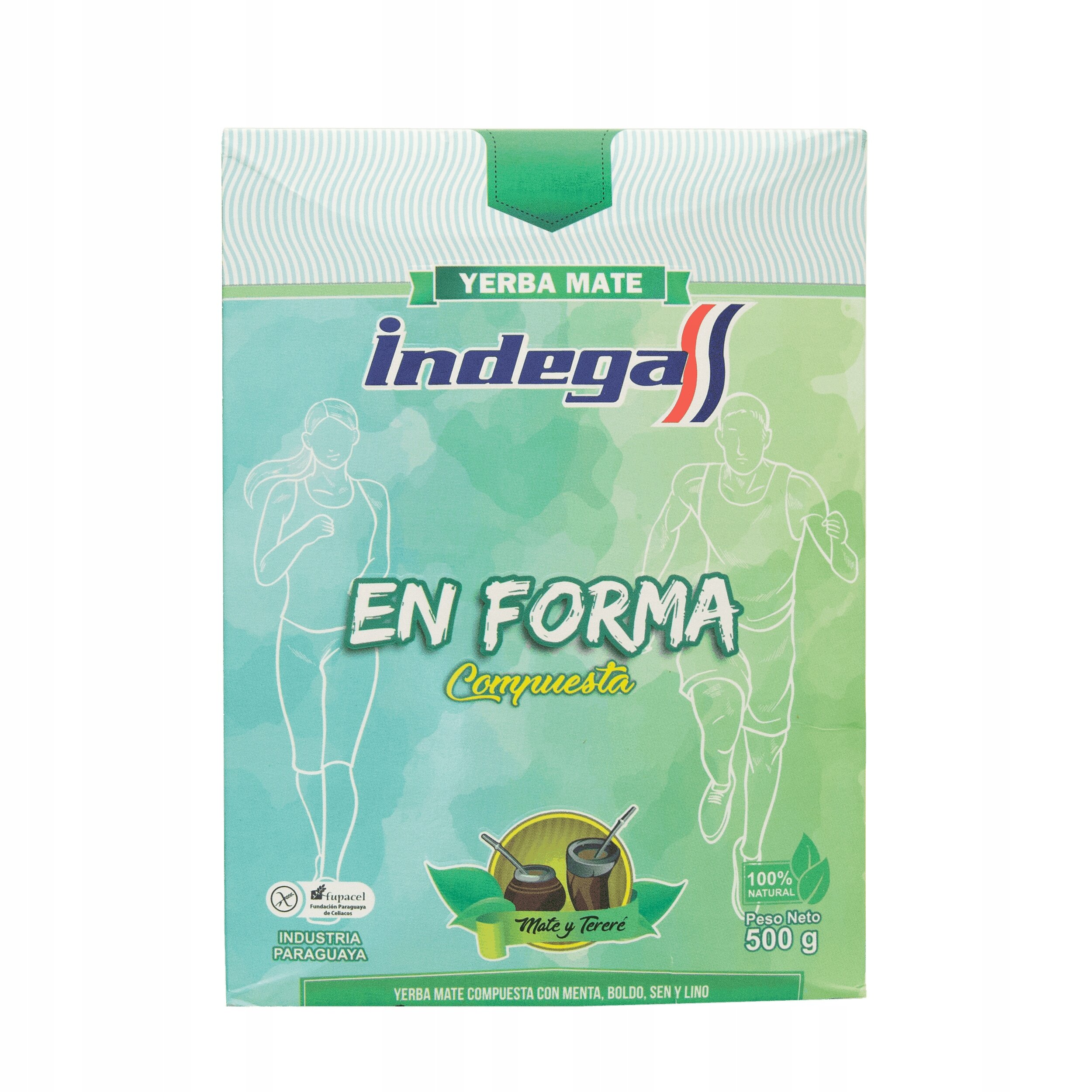Opakowanie Yerba Mate Indega En Forma Compuesta 500 g z grafiką przedstawiającą sylwetki biegaczy. Na opakowaniu widnieje tekst: \'Yerba Mate Indega En Forma Compuesta\', \'100% Natural\', \'Peso Neto 500 g\', \'Industria Paraguaya\'.