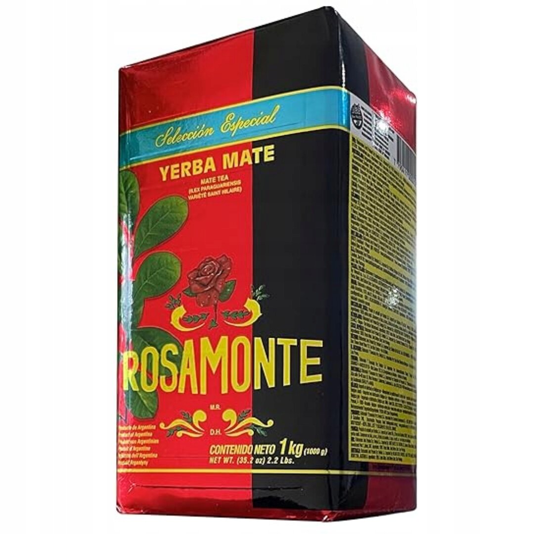 Opakowanie Yerba Mate Rosamonte Seleccion Especial 1000g z czerwono-czarną grafiką, zielonymi liśćmi i czerwoną różą. Widoczny tekst: \'Seleccion Especial\', \'Yerba Mate\', \'ROSAMONTE\', \'Contenido Neto 1 kg (1000 g)\'.