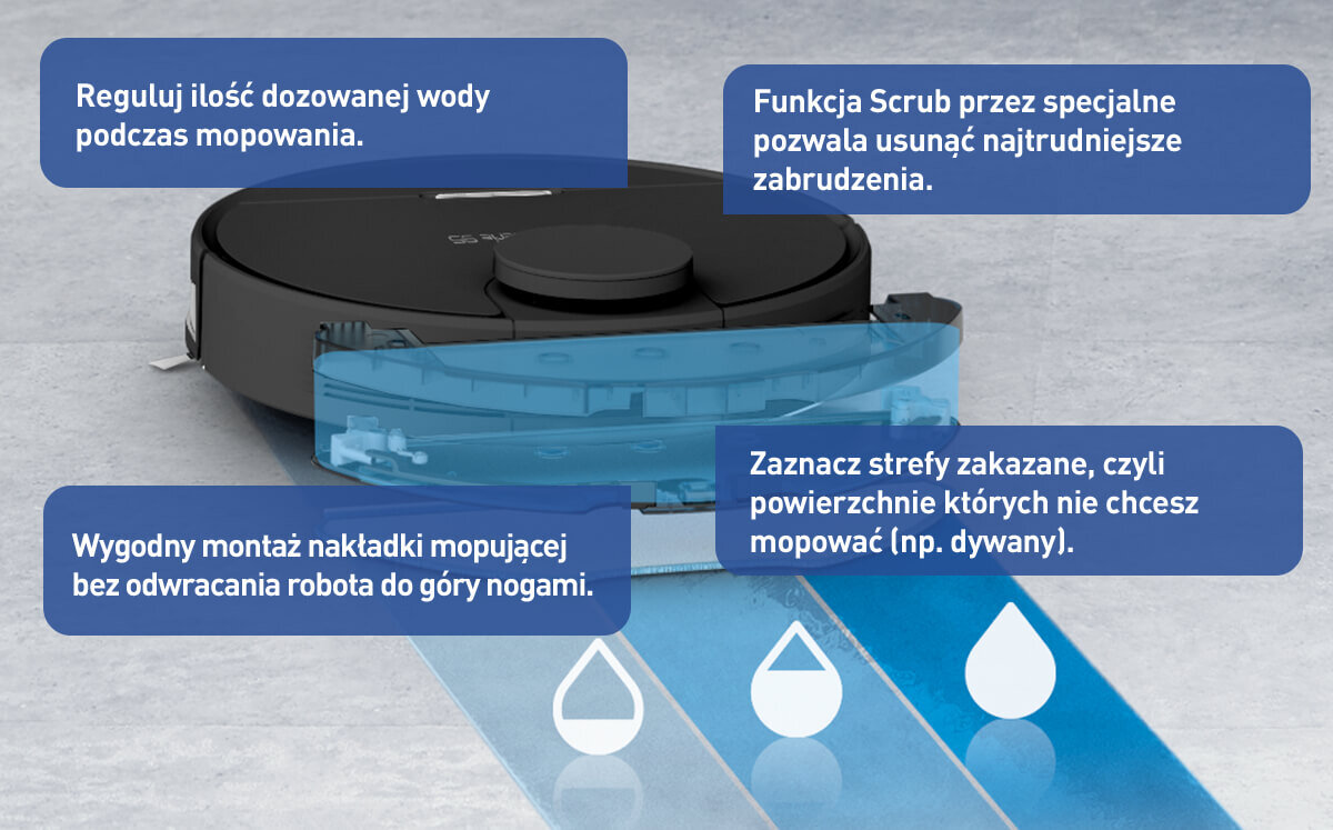 Obraz przedstawia robot sprzątający z funkcjami mopowania, z tekstami: \'Reguluj ilość dozowanej wody podczas mopowania.\', \'Funkcja Scrub przez specjalne pozwala usunąć najtrudniejsze zabrudzenia.\', \'Wygodny montaż nakładki mopującej bez odwracania robota do góry nogami.\', \'Zaznacz strefy zakazane, czyli powierzchnie których nie chcesz mopować (np. dywany)\'.