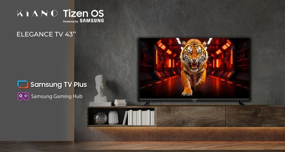 Obraz przedstawia telewizor z wyświetlonym na ekranie tygrysem w dynamicznej pozie, na tle futurystycznego korytarza. Po lewej stronie widoczne są logotypy: Kiano, Tizen OS Powered by Samsung, Samsung TV Plus oraz Samsung Gaming Hub, a także tekst \'ELEGANCE TV 43\