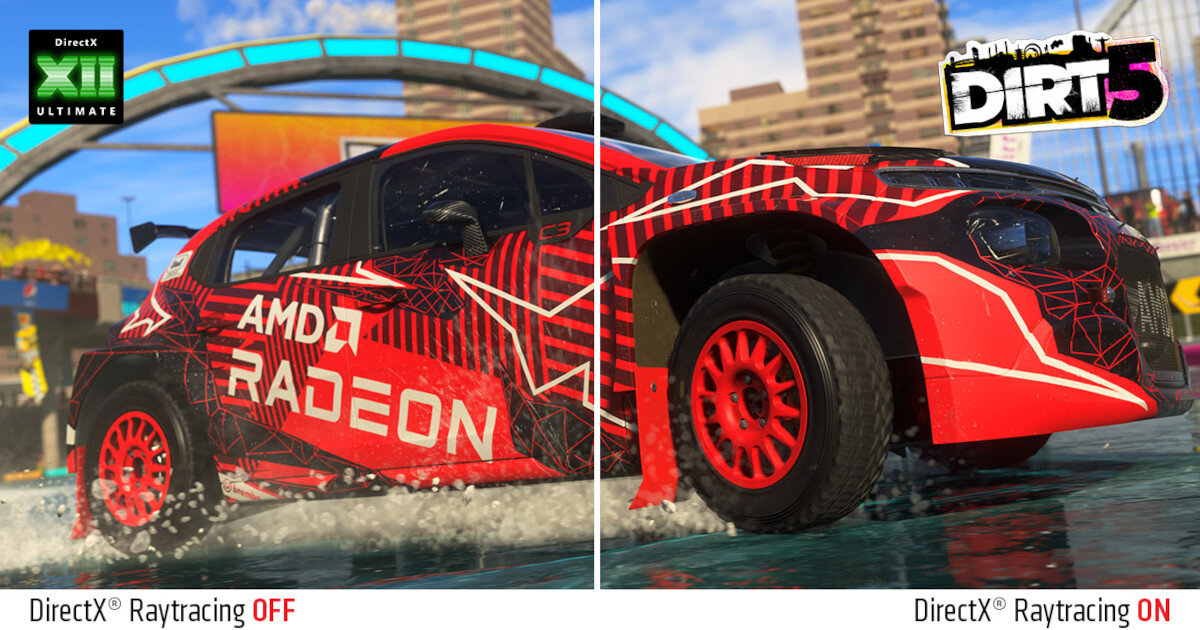Obraz przedstawia samochód wyścigowy z napisem \'AMD RADEON\' na tle miejskiego krajobrazu, podzielony na dwie części z różnymi efektami graficznymi: \'DirectX Raytracing OFF\' i \'DirectX Raytracing ON\'. W lewym górnym rogu widoczne jest logo \'DirectX 12 ULTIMATE\', a w prawym górnym rogu logo \'DIRT 5\'.