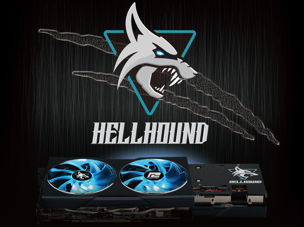 Obraz przedstawia kartę graficzną z dwoma niebieskimi wentylatorami i logo \'Hellhound\'. W tle widoczne jest duże logo przedstawiające stylizowaną głowę psa oraz napis \'HELLHOUND\'.