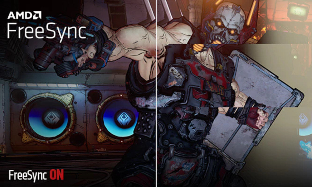 Obraz przedstawia postać z gry w stylu komiksowym, podzieloną na dwie części z różnym oświetleniem. Widoczne są napisy \'AMD FreeSync\' oraz \'FreeSync ON\'.