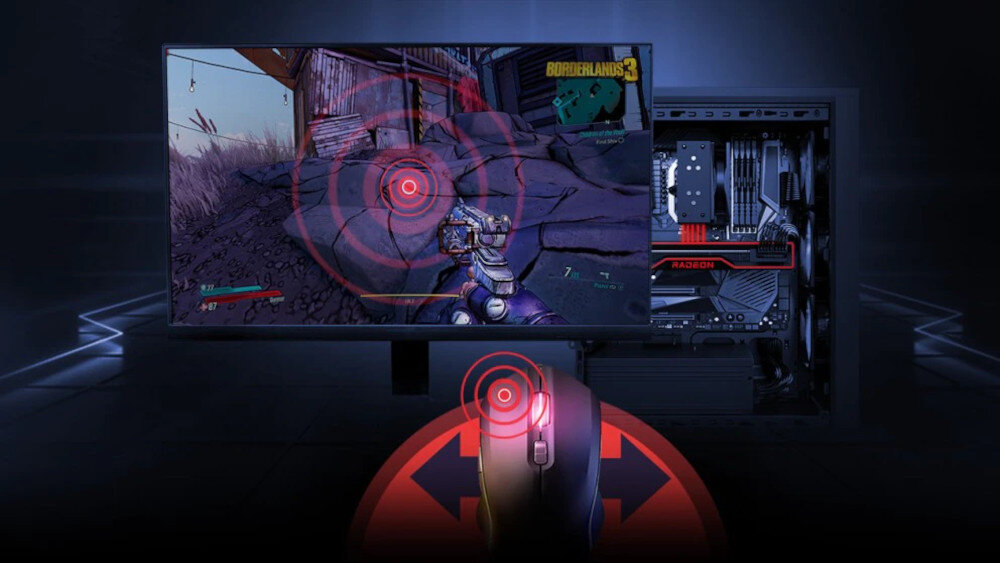 Obraz przedstawia monitor z grą Borderlands 3 oraz komputer z widoczną kartą graficzną z napisem \'Radeon\'. Na pierwszym planie znajduje się myszka z czerwonym podświetleniem i symbolem celownika.