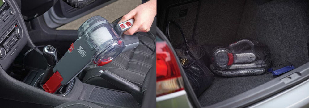 Na pierwszym zdjęciu ręczny odkurzacz jest używany wewnątrz samochodu, a na drugim leży w bagażniku. Na odkurzaczu widoczne jest logo BLACK+DECKER.