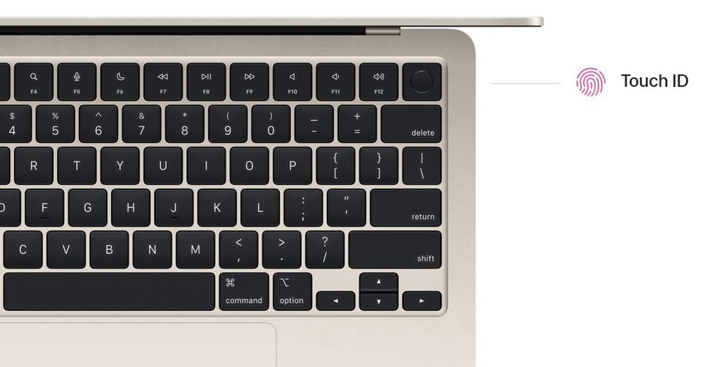 Zdjęcie przedstawia klawiaturę laptopa z czarnymi klawiszami i jasną obudową. Obok klawisza zasilania znajduje się oznaczenie \'Touch ID\' z symbolem odcisku palca.