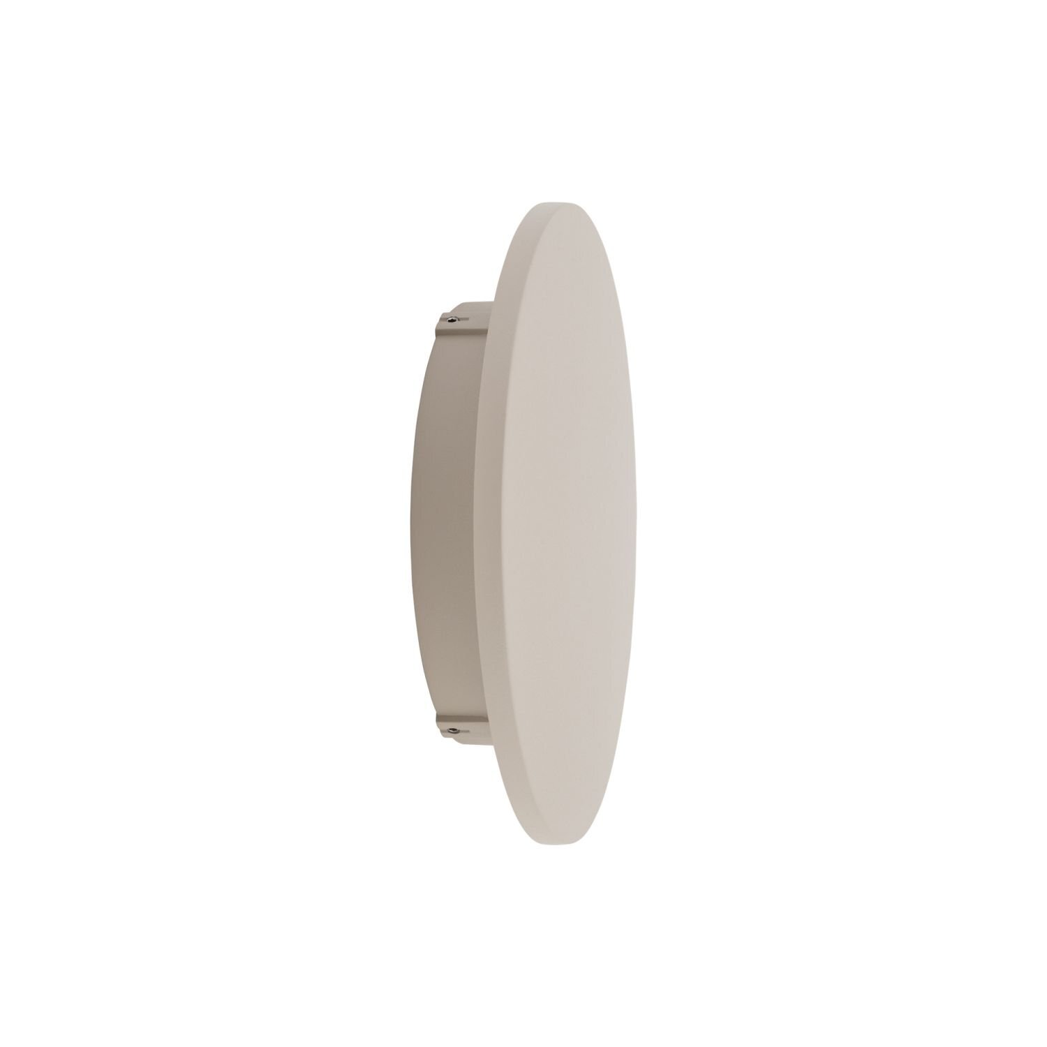 Obraz przedstawia nowoczesny kinkiet LED o prostym, okrągłym kształcie w jasnym kolorze. Lampa jest zamontowana na ścianie i ma minimalistyczny design.