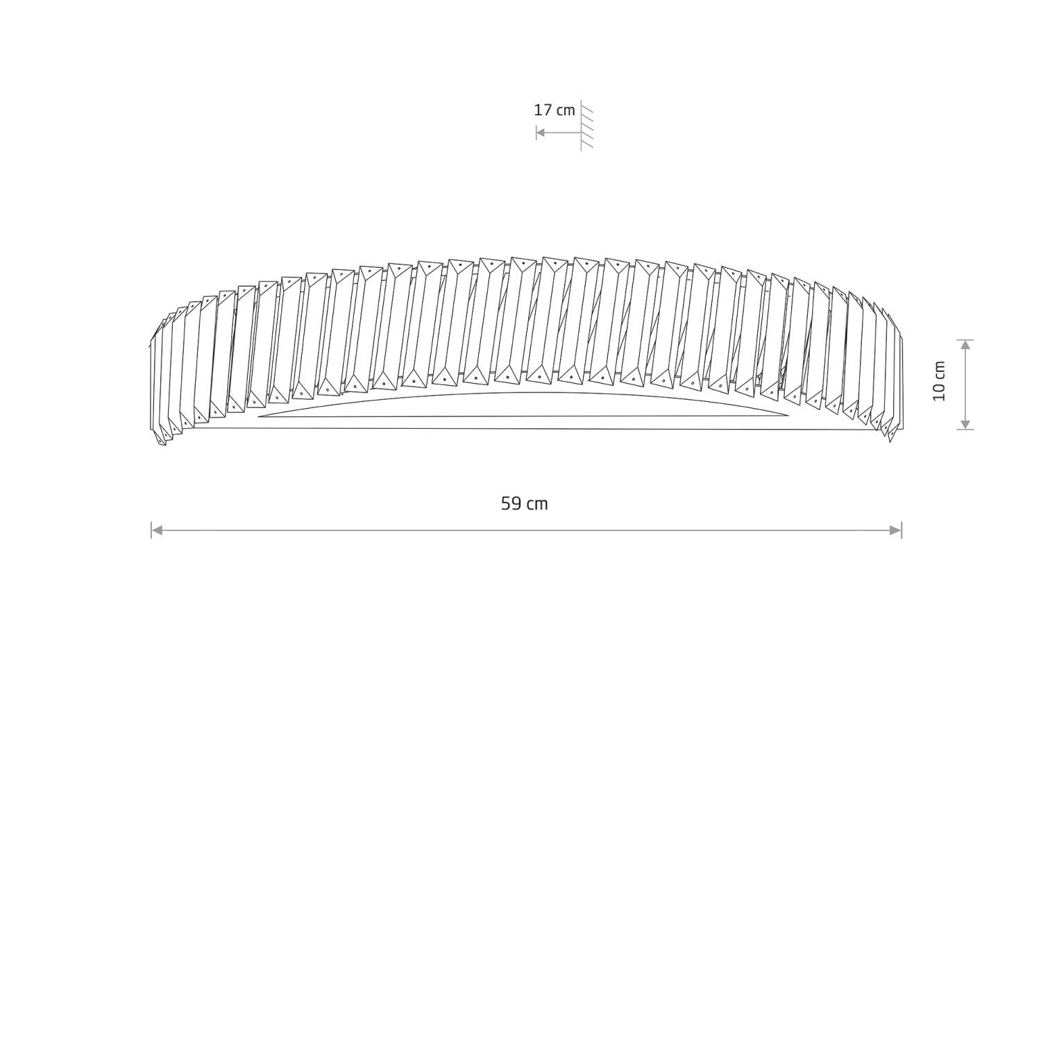 Schemat lampy ściennej z wymiarami: szerokość 59 cm, wysokość 10 cm, głębokość 17 cm. Lampa ma nowoczesny, geometryczny design z powtarzającymi się elementami.