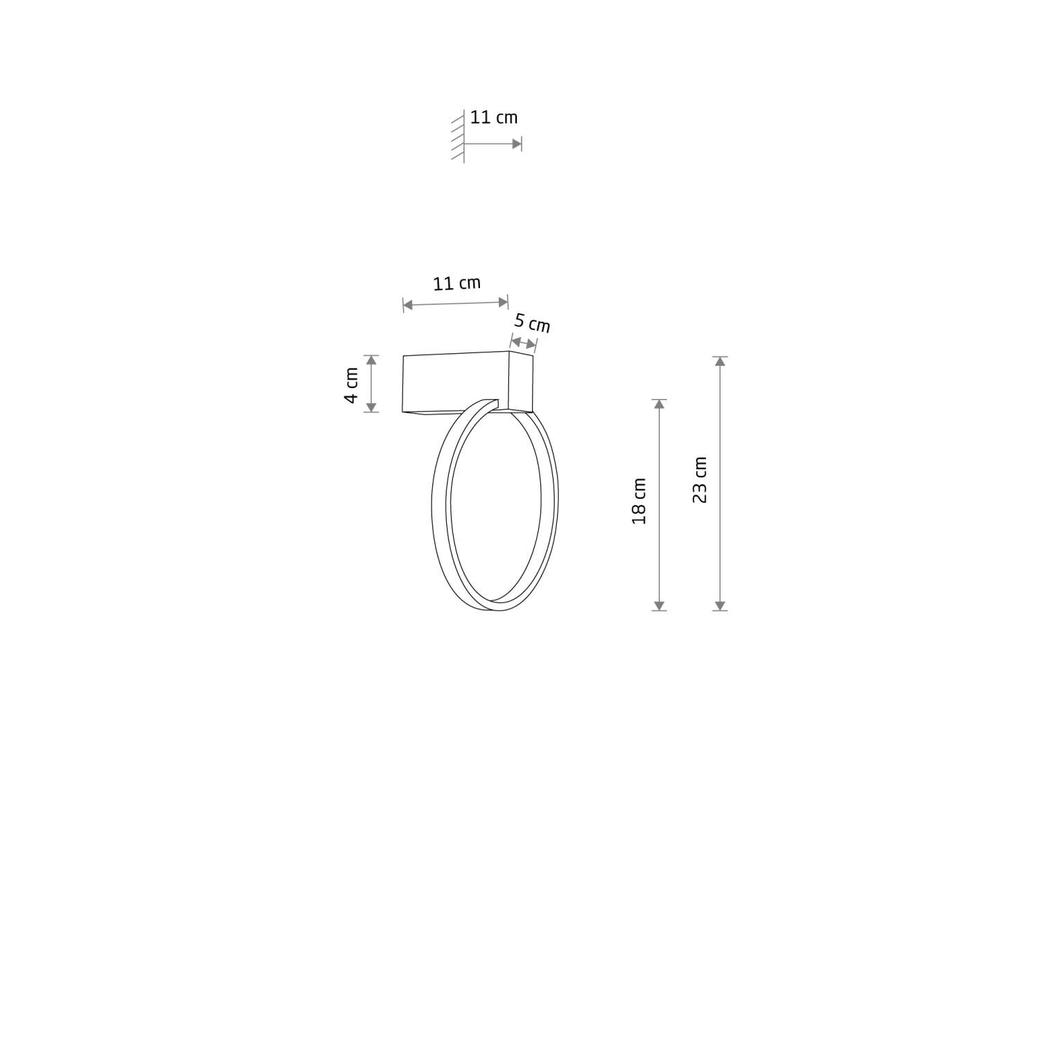 Schemat kinkietu LED z wymiarami: 11 cm, 5 cm, 4 cm, 18 cm i 23 cm.