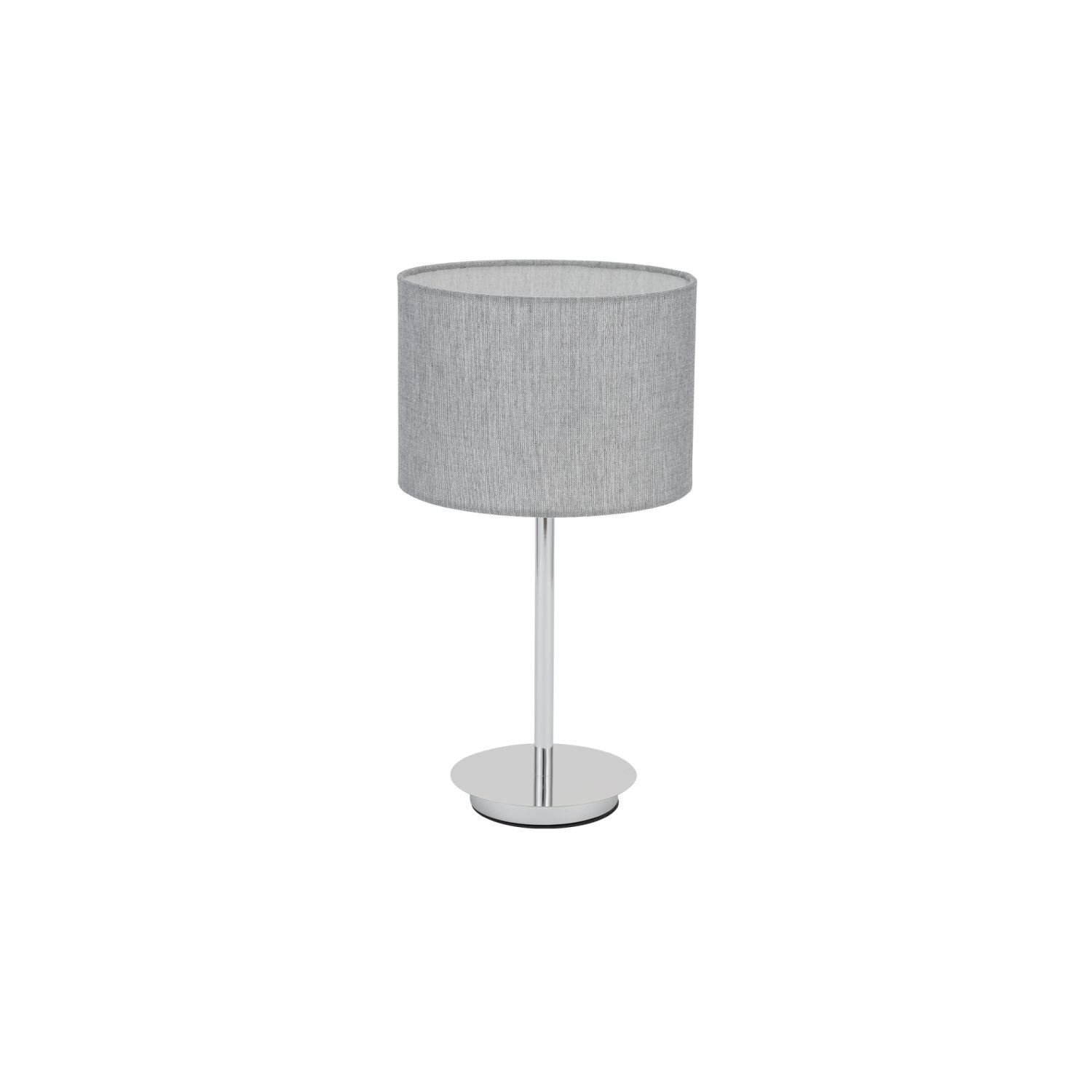 Na obrazie widoczna jest elegancka lampa stołowa z szarym, cylindrycznym abażurem i metalową podstawą. Lampa ma prosty, nowoczesny design.
